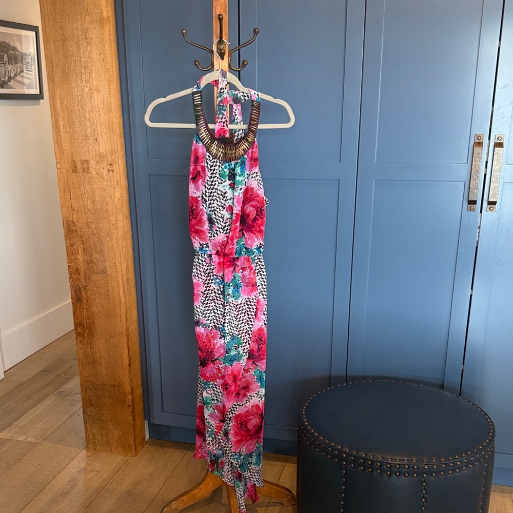 THALIA LARGE Bright Floral Maxi Dress with Beaded Neckline NWOT